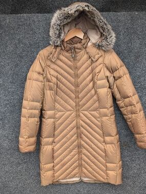 Eddie Bauer Camel Long Quilted Down Puffer Coat with Faux Fur Trim Hood EB650